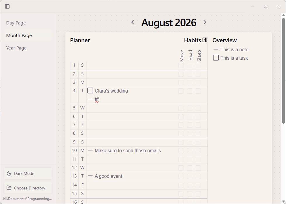 Jott.it month planner showing August 2026, scheduled tasks, habits, and an overview